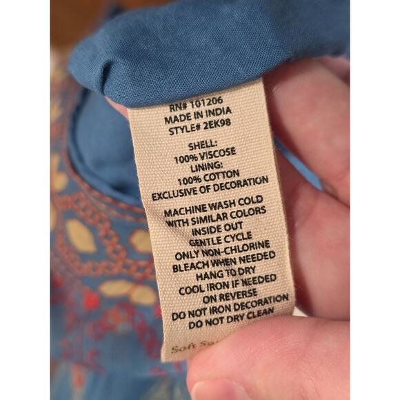 Soft Surroundings Dress XL Blue Mirapani Prairie Tiered Boho Embroidered Maxi - Picture 12 of 13